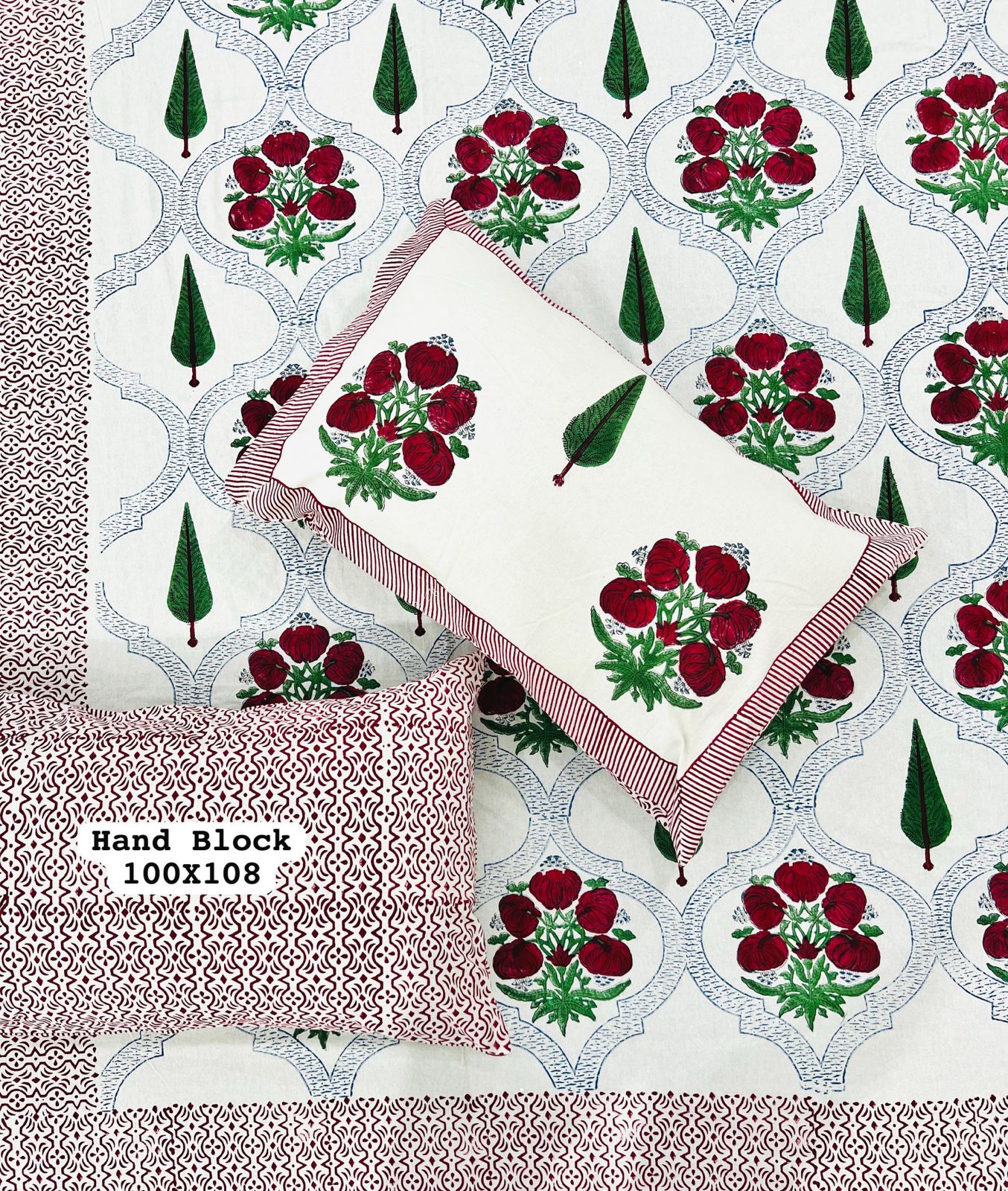 Pure Handblock King Size Cotton Bedsheet Set with 2 Reversible Zipped Pillow Covers – Premium South Cotton