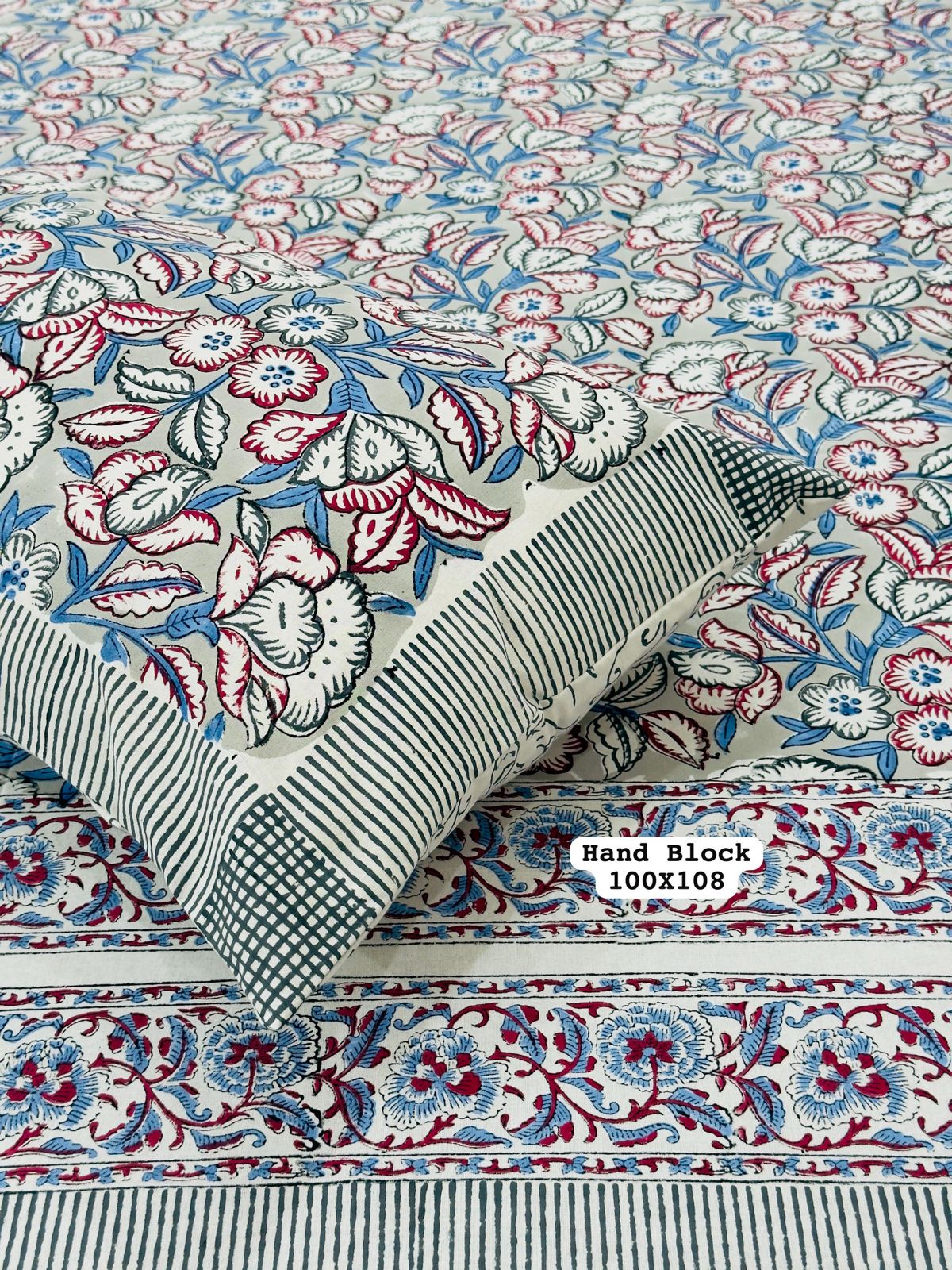 Pure Handblock King Size Cotton Bedsheet Set with 2 Reversible Zipped Pillow Covers – Premium South Cotton