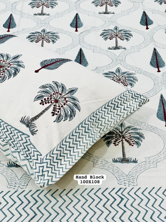 Pure Handblock King Size Cotton Bedsheet Set with 2 Reversible Zipped Pillow Covers – Premium South Cotton