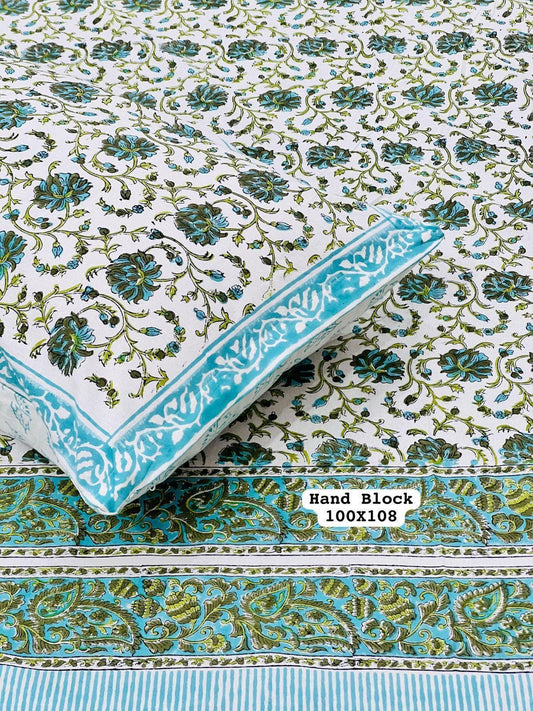 Pure Handblock King Size Cotton Bedsheet Set with 2 Reversible Zipped Pillow Covers – Premium South Cotton