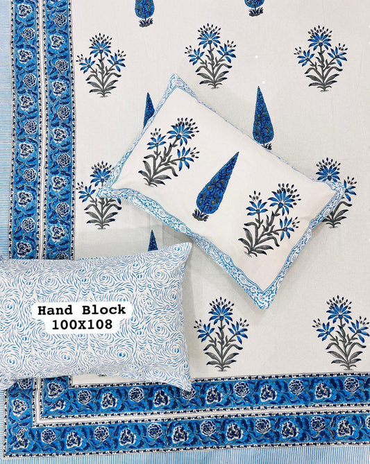 Pure Handblock King Size Cotton Bedsheet Set with 2 Reversible Zipped Pillow Covers – Premium South Cotton