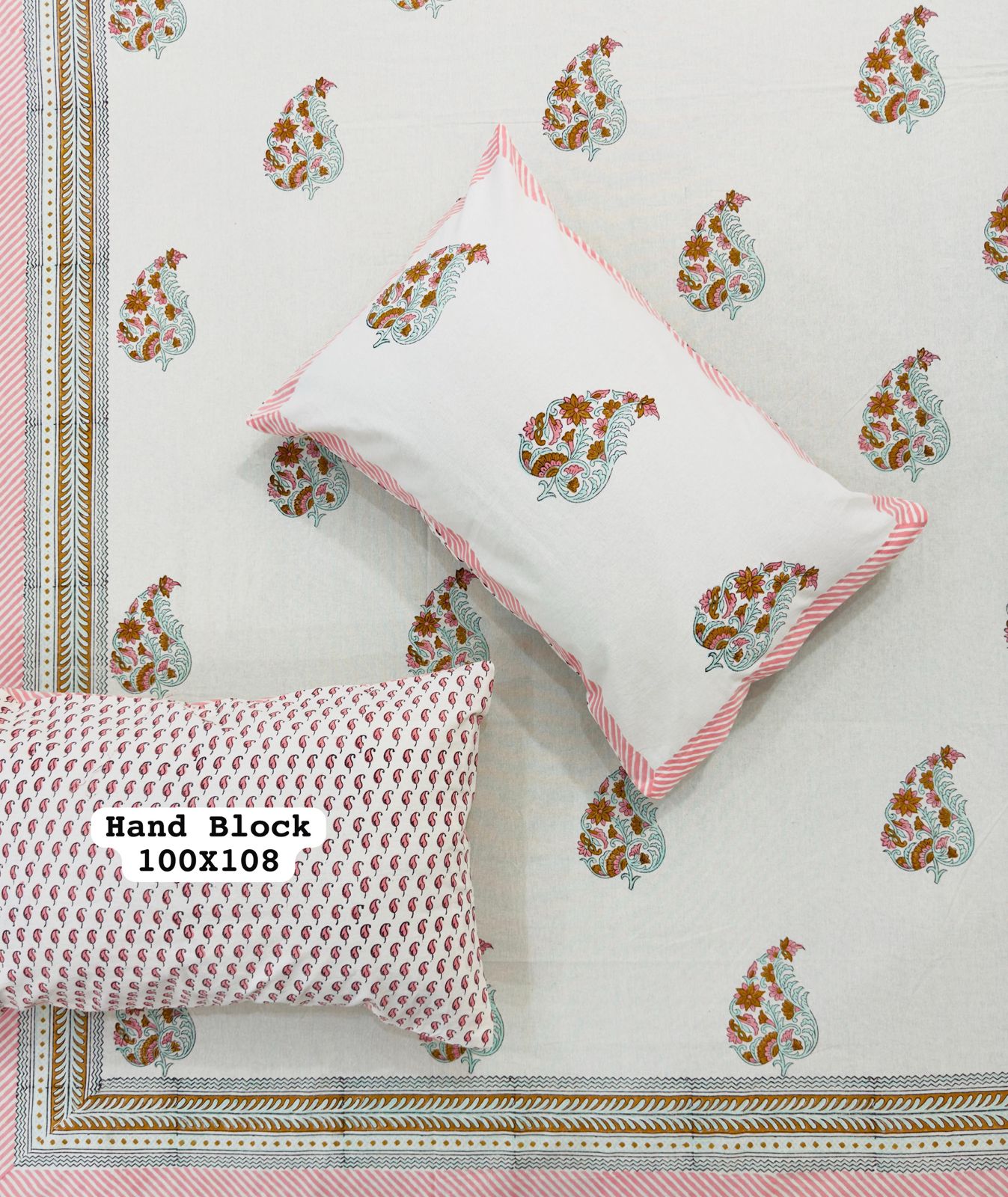 Pure Handblock King Size Cotton Bedsheet Set with 2 Reversible Zipped Pillow Covers – Premium South Cotton