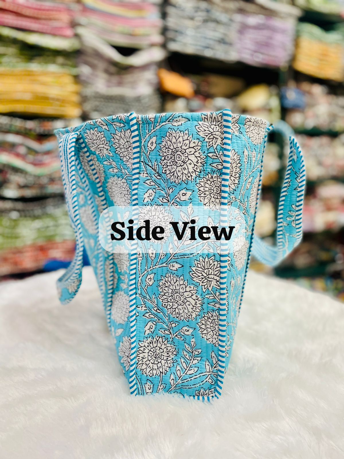 Quilted Handblock Printed Shopping Jhola |SIZE 18*18" Lightweight, Spacious with Inside Pocket & Strong Handles – Made in India