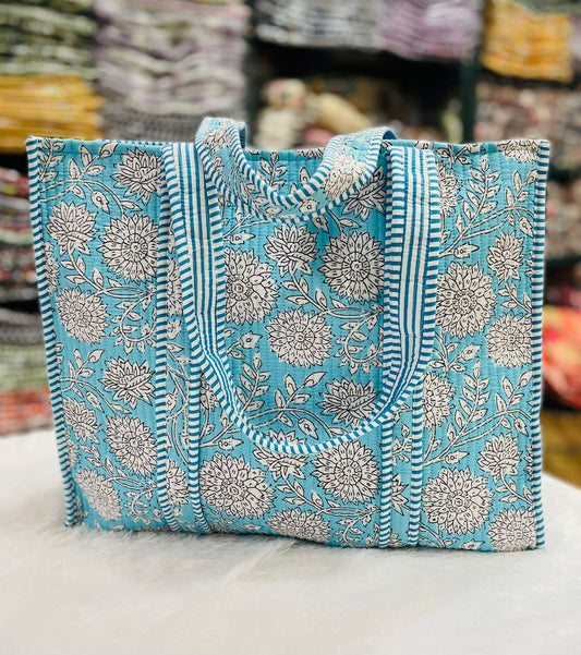 Quilted Handblock Printed Shopping Jhola |SIZE 18*18" Lightweight, Spacious with Inside Pocket & Strong Handles – Made in India