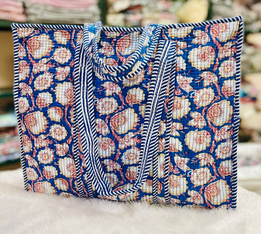 Quilted Handblock Printed Shopping Jhola |SIZE 18*18" Lightweight, Spacious with Inside Pocket & Strong Handles – Made in India