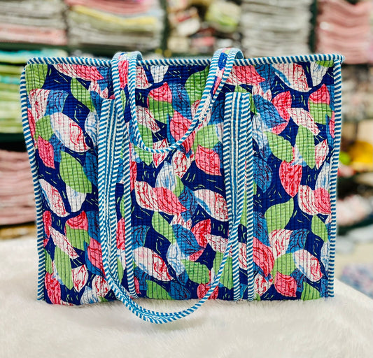 Quilted Handblock Printed Shopping Jhola |SIZE 18*18" Lightweight, Spacious with Inside Pocket & Strong Handles – Made in India