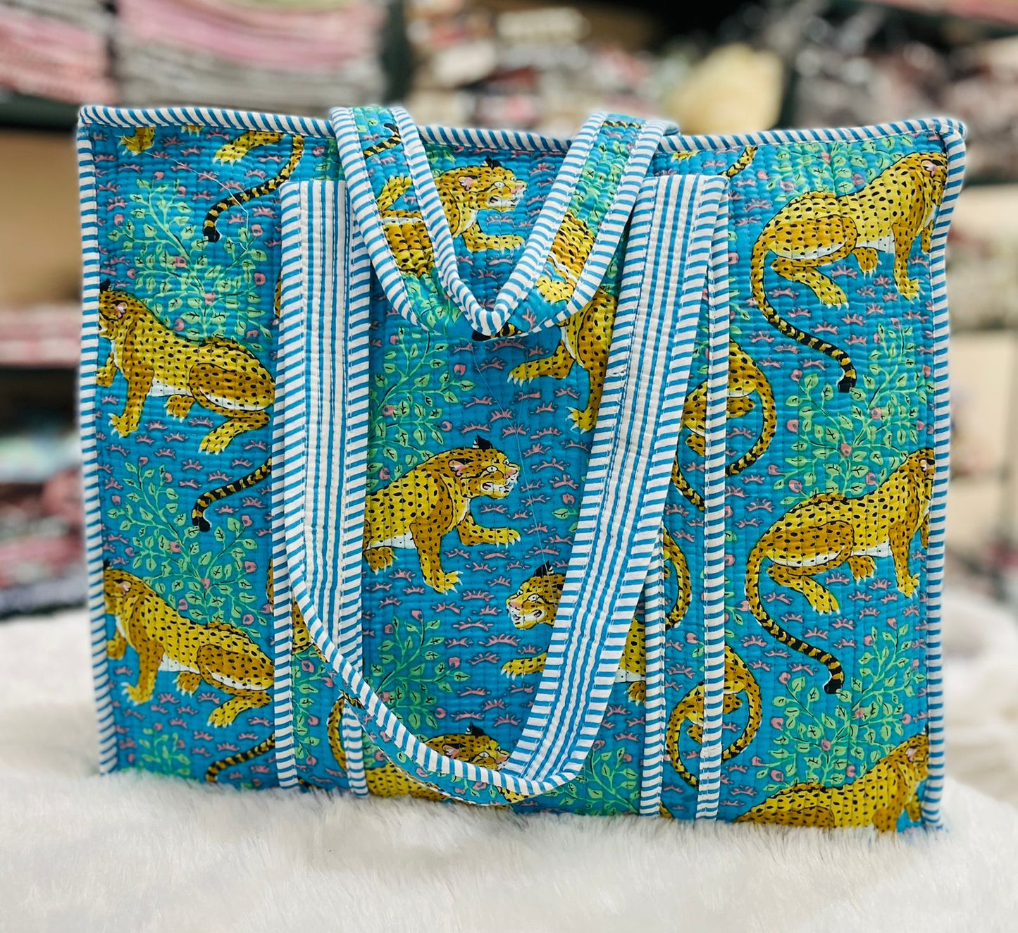 Quilted Handblock Printed Shopping Jhola |SIZE 18*18" Lightweight, Spacious with Inside Pocket & Strong Handles – Made in India