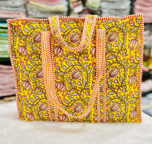Quilted Handblock Printed Shopping Jhola |SIZE 18*18" Lightweight, Spacious with Inside Pocket & Strong Handles – Made in India