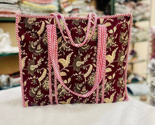 Quilted Handblock Printed Shopping Jhola |SIZE 18*18" Lightweight, Spacious with Inside Pocket & Strong Handles – Made in India