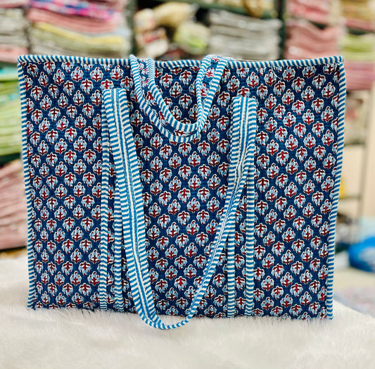 Quilted Handblock Printed Shopping Jhola |SIZE 18*18" Lightweight, Spacious with Inside Pocket & Strong Handles – Made in India