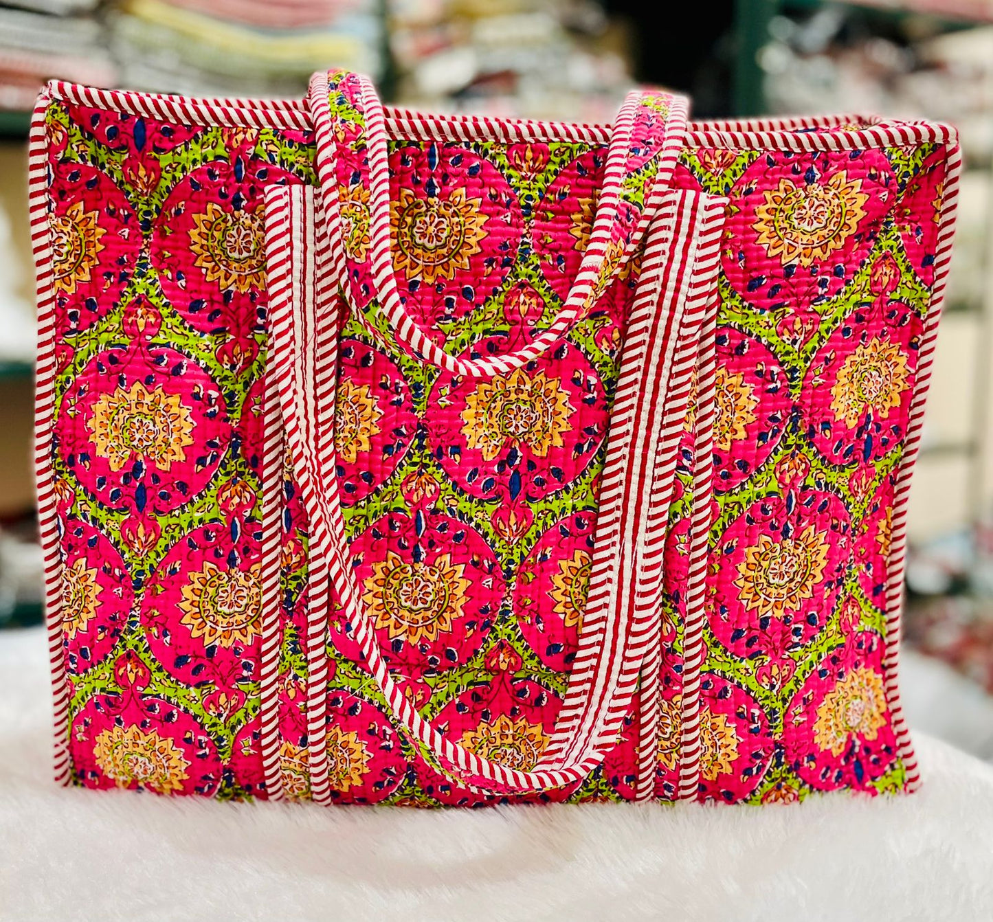 Quilted Handblock Printed Shopping Jhola |SIZE 18*18" Lightweight, Spacious with Inside Pocket & Strong Handles – Made in India