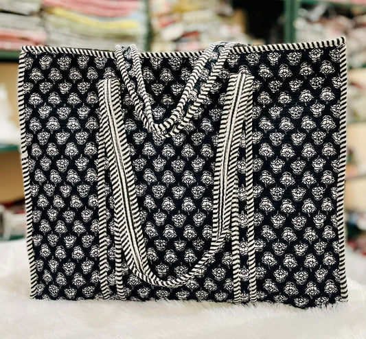 Quilted Handblock Printed Shopping Jhola |SIZE 18*18" Lightweight, Spacious with Inside Pocket & Strong Handles – Made in India