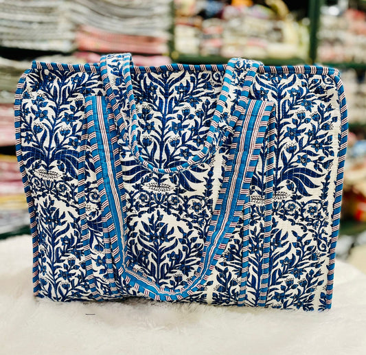 Quilted Handblock Printed Shopping Jhola |SIZE 18*18" Lightweight, Spacious with Inside Pocket & Strong Handles – Made in India