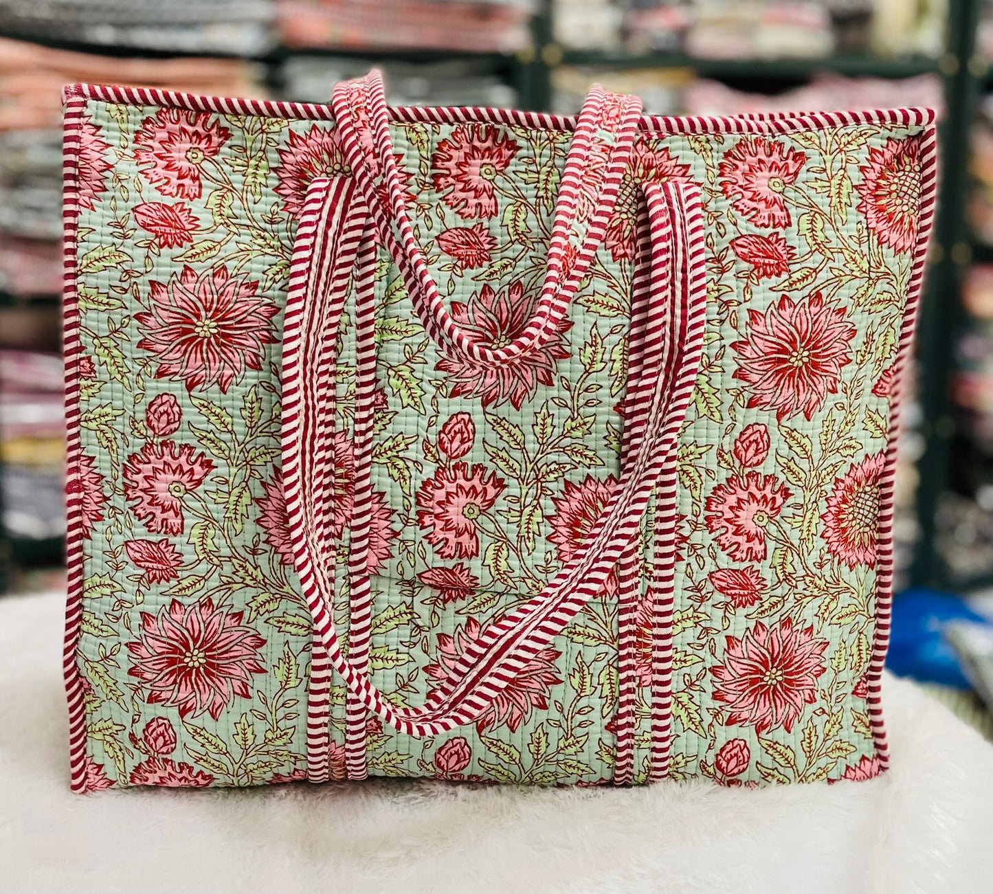 Quilted Handblock Printed Shopping Jhola |SIZE 18*18" Lightweight, Spacious with Inside Pocket & Strong Handles – Made in India
