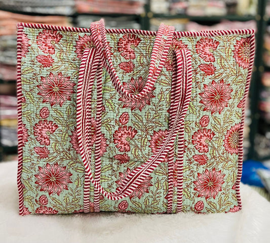 Quilted Handblock Printed Shopping Jhola |SIZE 18*18" Lightweight, Spacious with Inside Pocket & Strong Handles – Made in India