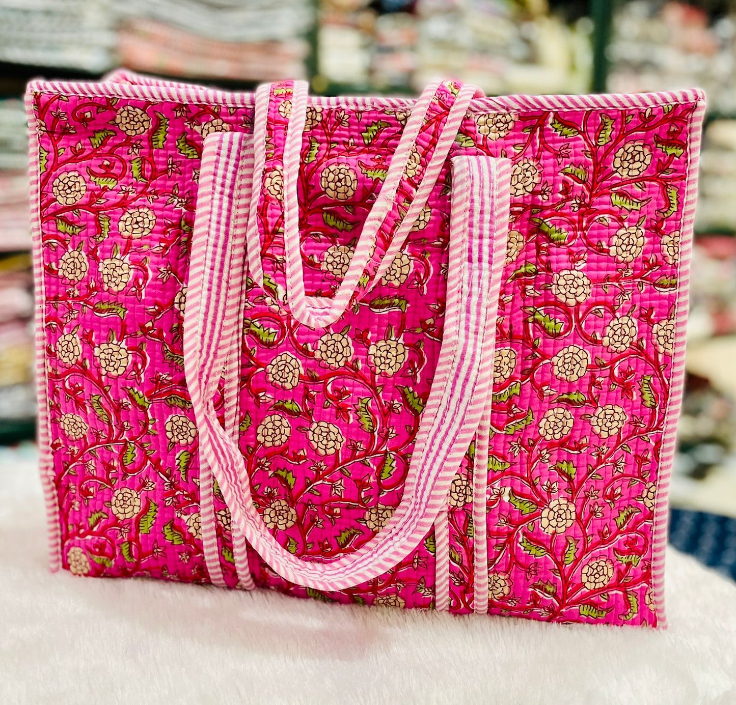 Quilted Handblock Printed Shopping Jhola |SIZE 18*18" Lightweight, Spacious with Inside Pocket & Strong Handles – Made in India