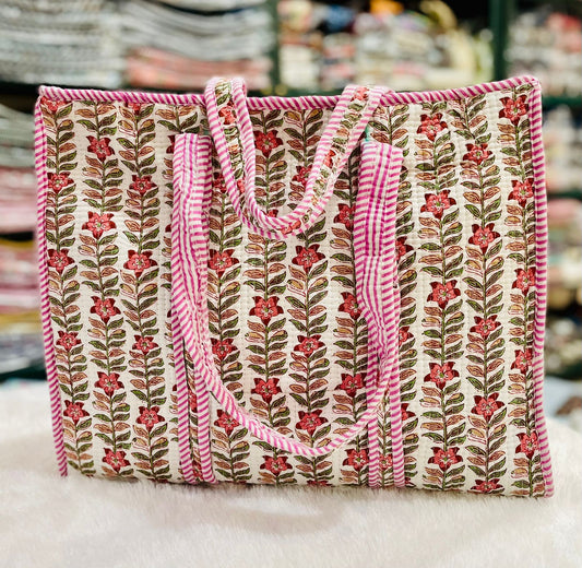 Quilted Handblock Printed Shopping Jhola |SIZE 18*18" Lightweight, Spacious with Inside Pocket & Strong Handles – Made in India
