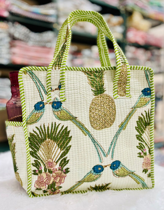 Quilted Handblock Printed Lunch Box Handbag | Single Partition, Bottle Pocket & Washable – House of the Handblock