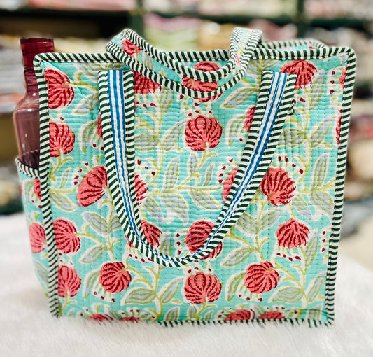 Quilted Handblock Printed Lunch Box Handbag | Single Partition, Bottle Pocket & Washable – House of the Handblock