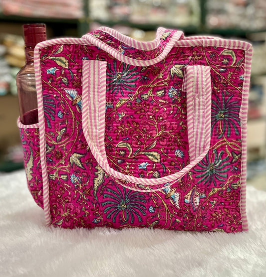 Quilted Handblock Printed Lunch Box Handbag | Single Partition, Bottle Pocket & Washable – House of the Handblock