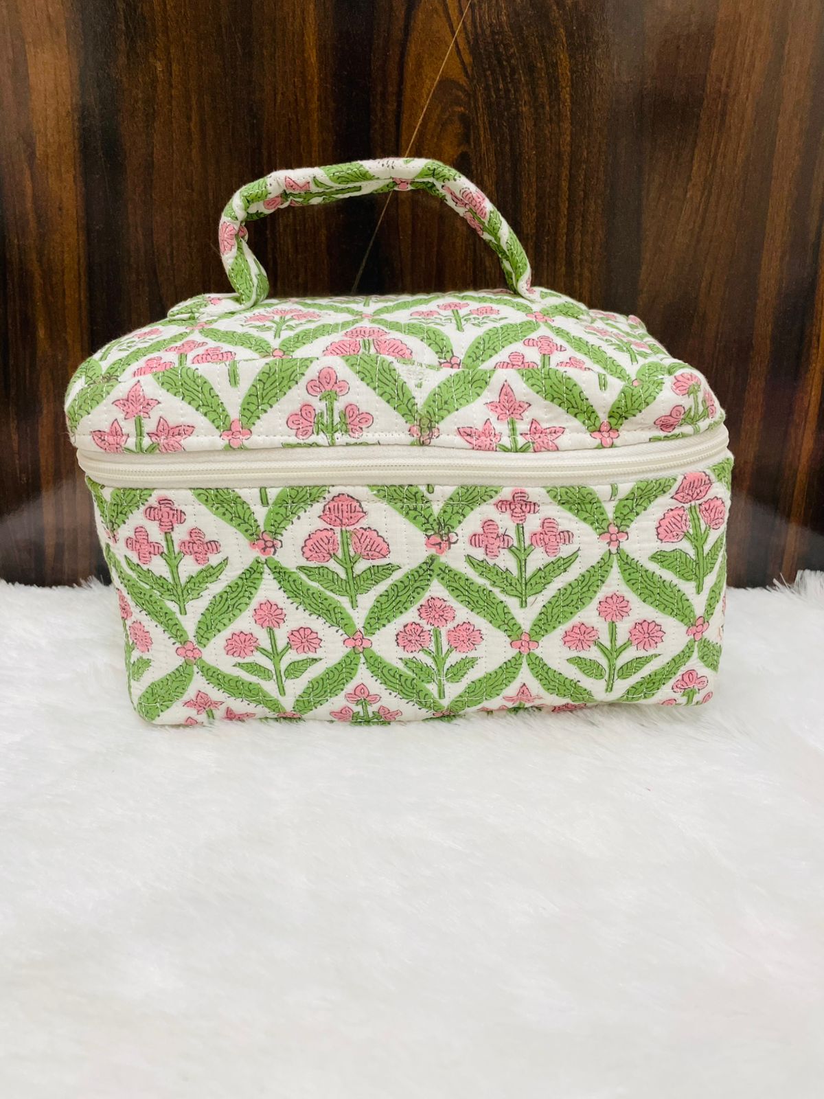 Quilted Handblock Vanity Pouch | Single Partition with Zip & Inner Pockets – House of the Handblock