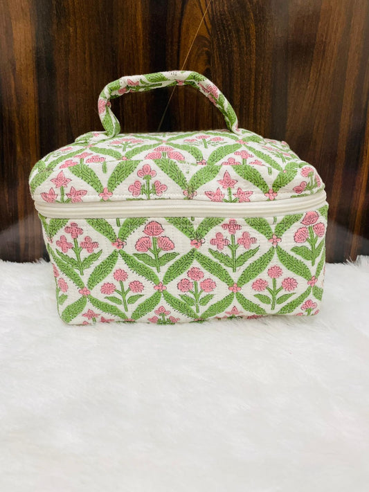 Quilted Handblock Vanity Pouch | Single Partition with Zip & Inner Pockets – House of the Handblock