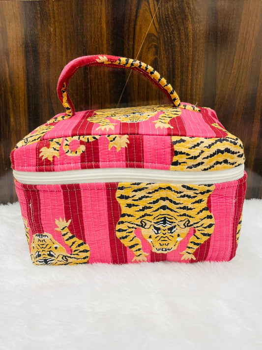 Quilted Handblock Vanity Pouch | Single Partition with Zip & Inner Pockets – House of the Handblock