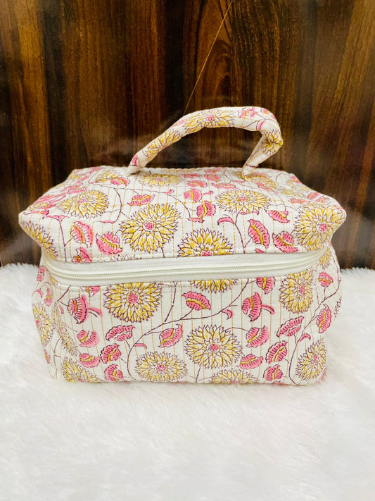 Quilted Handblock Vanity Pouch | Single Partition with Zip & Inner Pockets – House of the Handblock