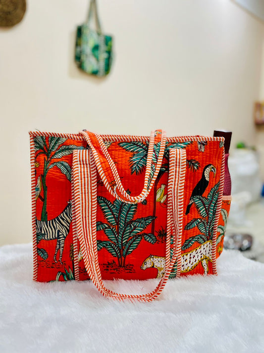 Quilted Shopping Jhola Bag – Zipper, Bottle Partition & Heavy-Duty Handles | 16x16” SIZE By House of the Handblock