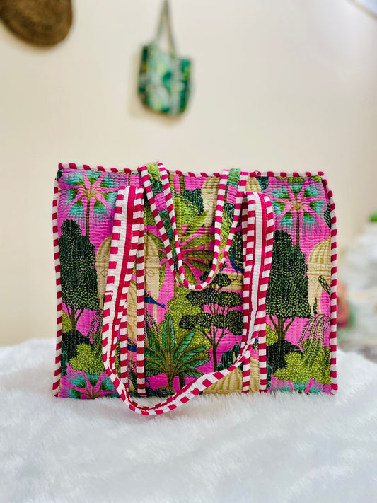 Quilted Shopping Jhola Bag – Zipper, Bottle Partition & Heavy-Duty Handles | 16x16” SIZE By House of the Handblock