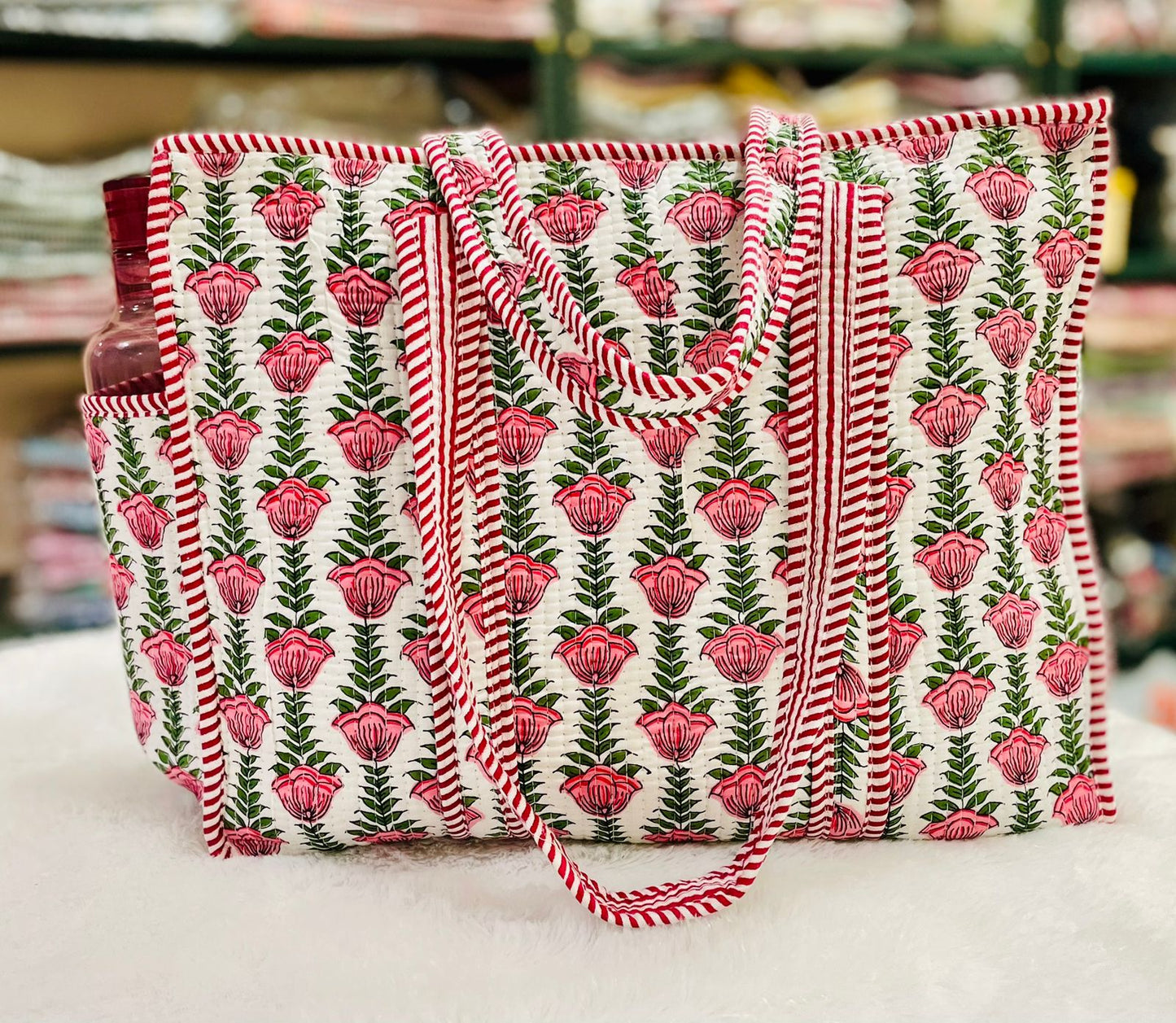 Quilted Shopping Jhola Bag – Zipper, Bottle Partition & Heavy-Duty Handles | 16x16” SIZE By House of the Handblock