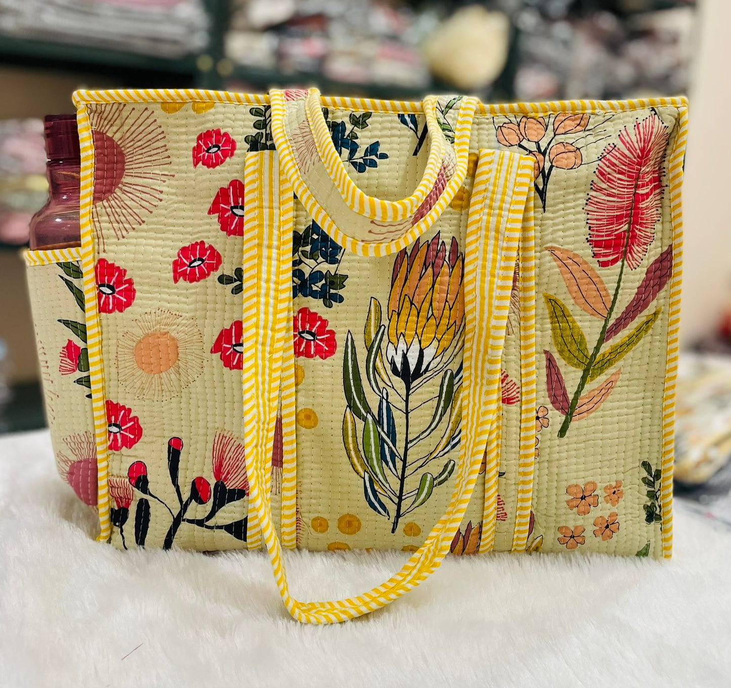 Quilted Shopping Jhola Bag – Zipper, Bottle Partition & Heavy-Duty Handles | 16x16” SIZE By House of the Handblock