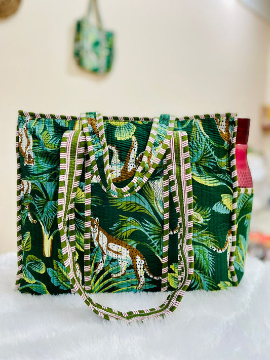 Quilted Shopping Jhola Bag – Zipper, Bottle Partition & Heavy-Duty Handles | 16x16” SIZE By House of the Handblock