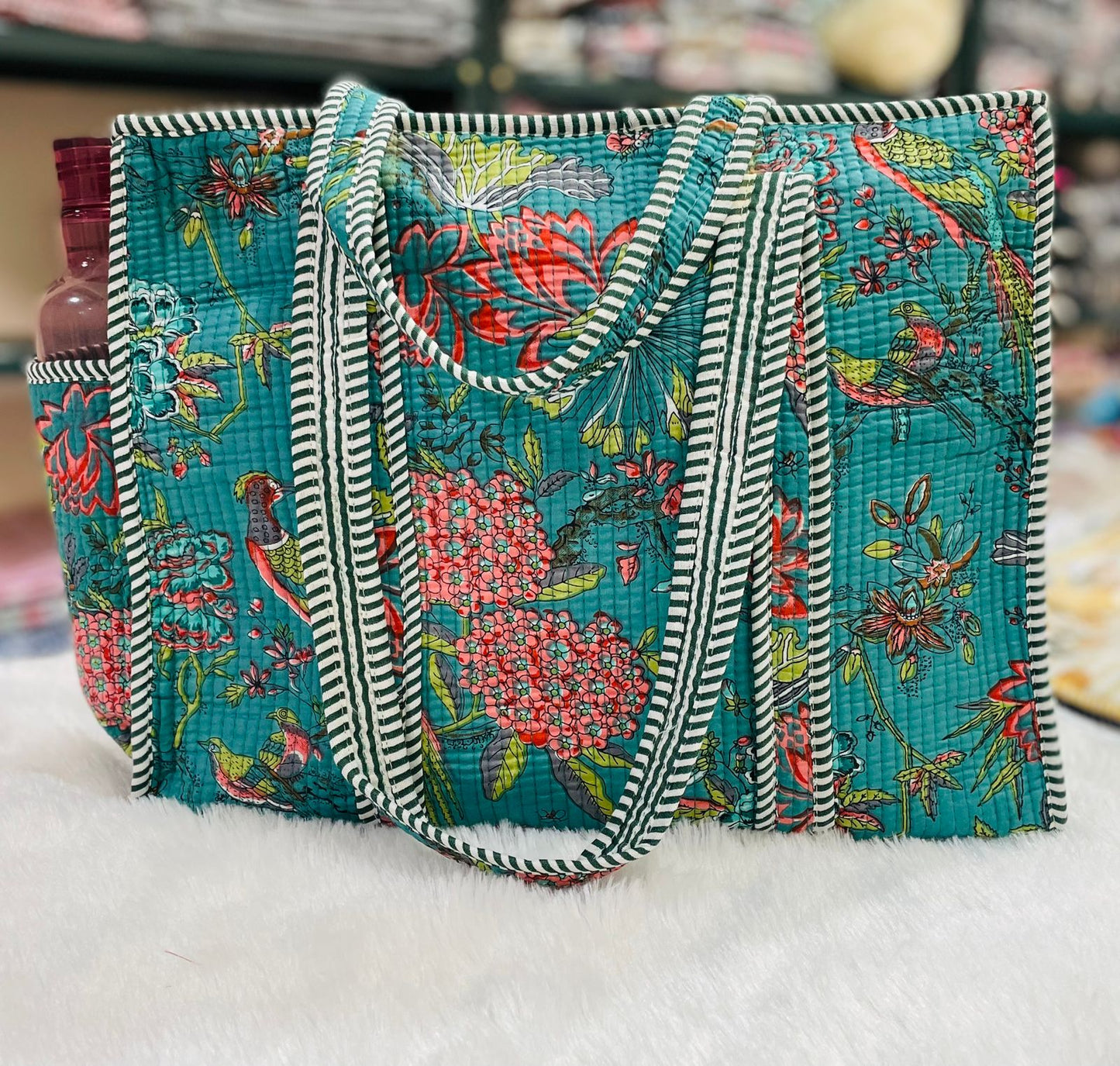 Quilted Shopping Jhola Bag – Zipper, Bottle Partition & Heavy-Duty Handles | 16x16” SIZE By House of the Handblock