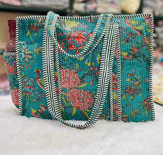 Quilted Shopping Jhola Bag – Zipper, Bottle Partition & Heavy-Duty Handles | 16x16” SIZE By House of the Handblock