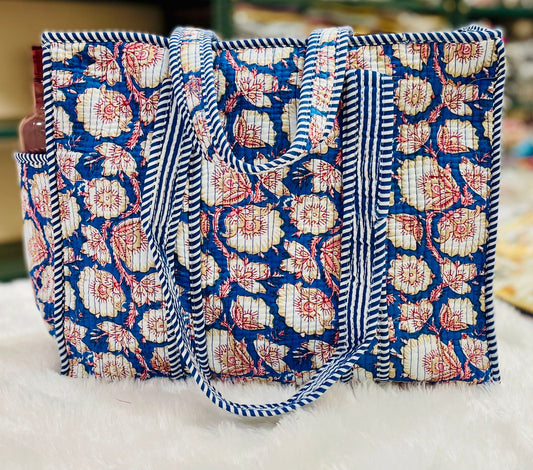 Quilted Shopping Jhola Bag – Zipper, Bottle Partition & Heavy-Duty Handles | 16x16” SIZE By House of the Handblock