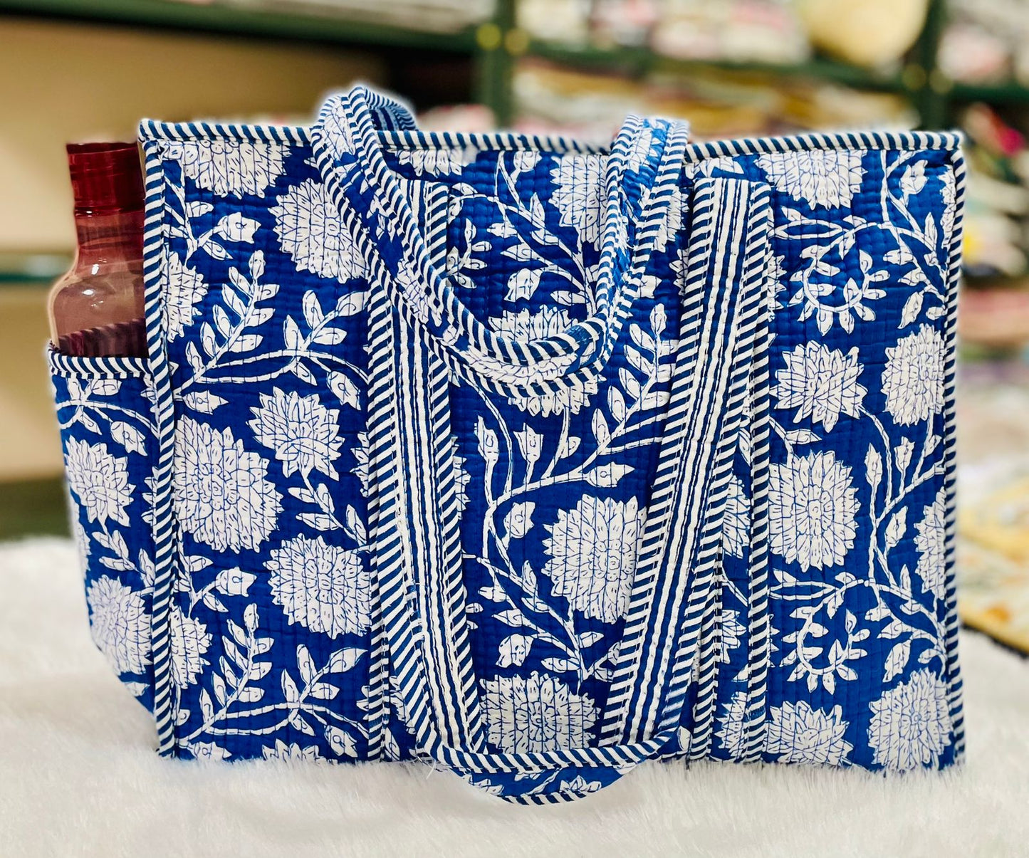 Quilted Shopping Jhola Bag – Zipper, Bottle Partition & Heavy-Duty Handles | 16x16” SIZE By House of the Handblock