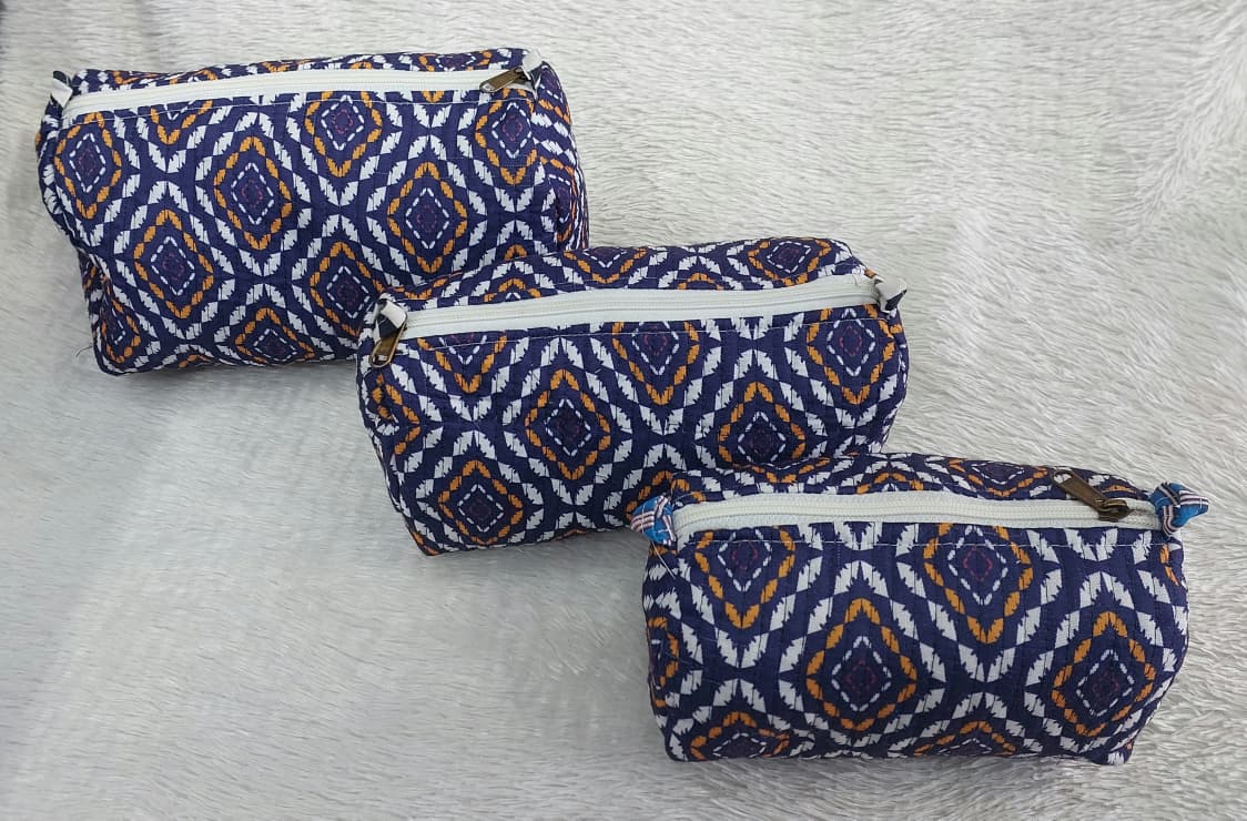 The Cotton Quilted Travel Pouches | Set of 3 | Multipurpose Makeup, Toiletry & Travel Kits – House of the Handblock