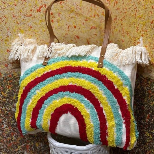 The Rainbow Tote Bag | Handcrafted Canvas Bag with Front Handwork | Big Size 18x16 – House of the Handblock