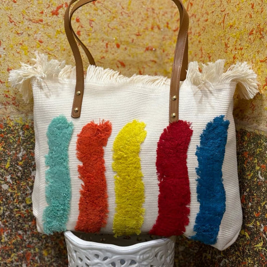 The Rainbow Tote Bag | Handcrafted Canvas Bag with Front Handwork | Big Size 18x16 – House of the Handblock