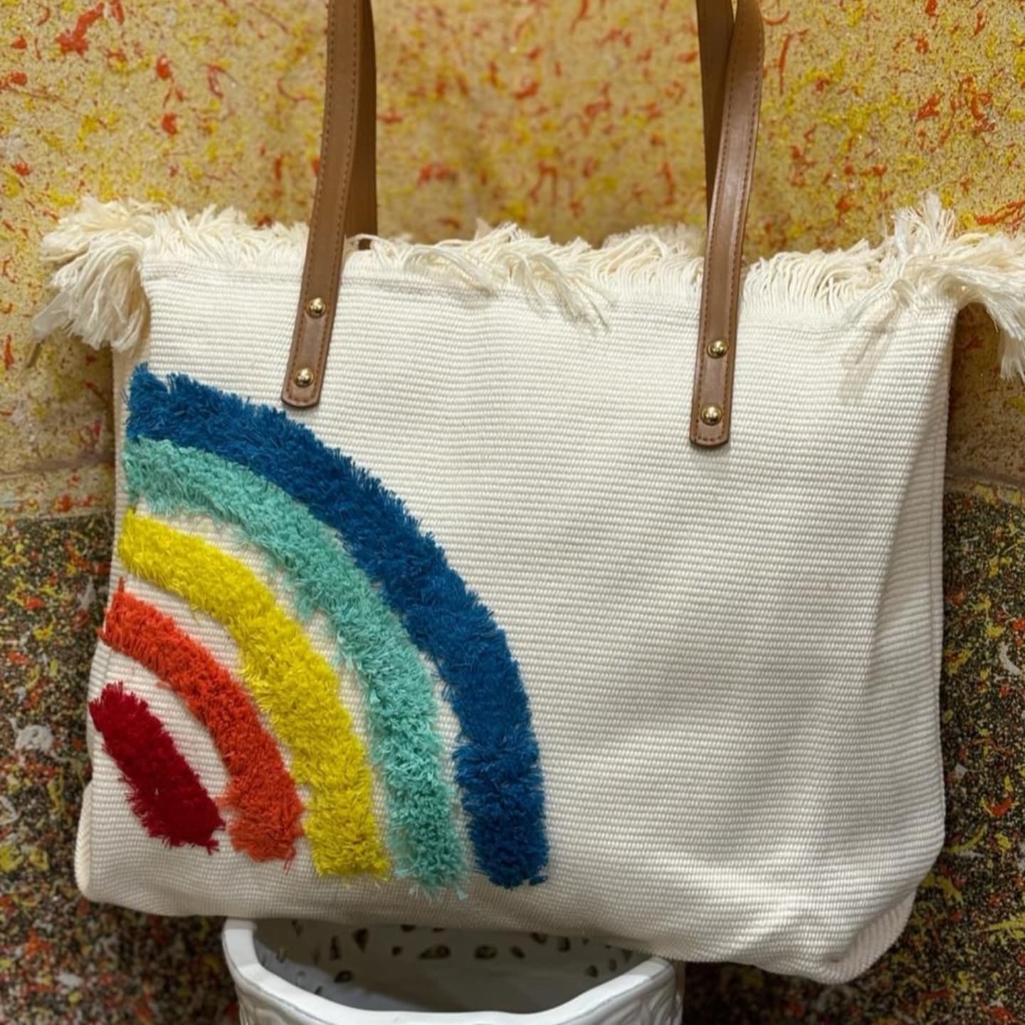 The Rainbow Tote Bag | Handcrafted Canvas Bag with Front Handwork | Big Size 18x16 – House of the Handblock