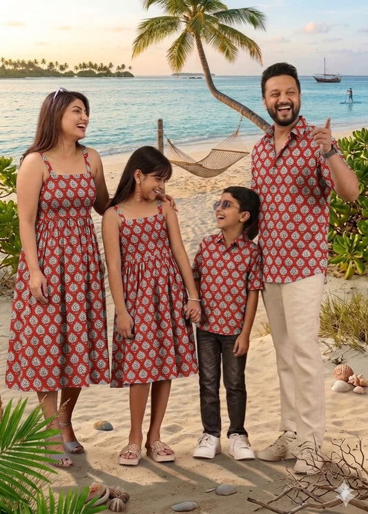 Matching Family Outfits in Pure Handblock Printed Cotton | Infant to 8XL| Vacation Wear for Men, Women & Kids