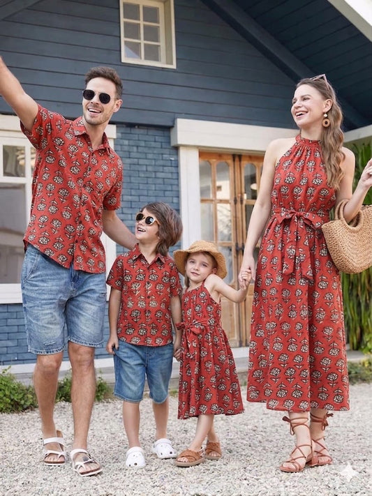 Family Twinning Vacation Collection | Soft Handblock Cotton Halter Neck Dresses & Shirts for Entire Family | Infant to 8XL