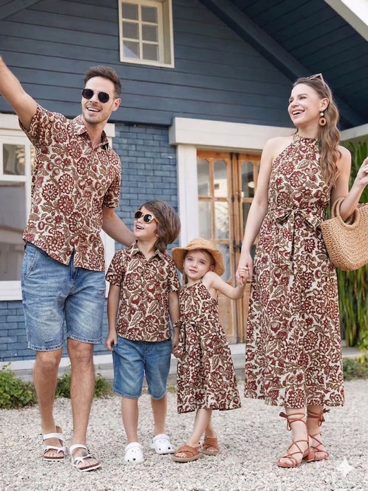 Family Twinning Vacation Collection | Soft Handblock Cotton Halter Neck Dresses & Shirts for Entire Family | Infant to 8XL