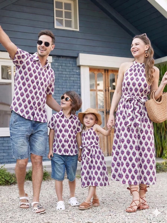 Family Twinning Vacation Collection | Soft Handblock Cotton Halter Neck Dresses & Shirts for Entire Family | Infant to 8XL