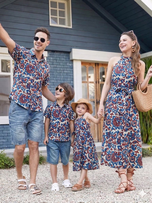 Family Twinning Vacation Collection | Soft Handblock Cotton Halter Neck Dresses & Shirts for Entire Family | Infant to 8XL