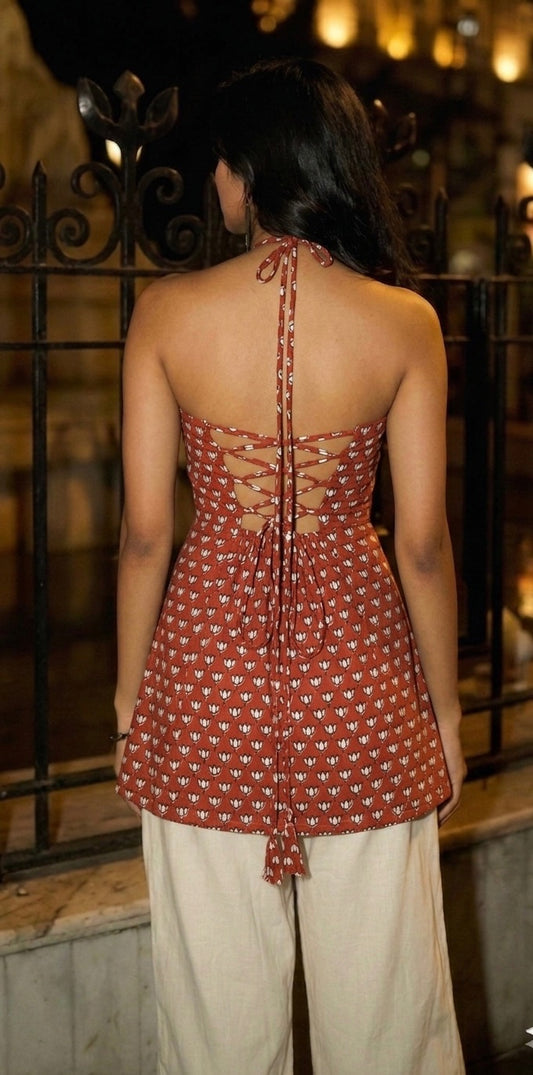 Jaipur Cotton Handblock Halter Corset Kurti Top| Natural Cotton Corsets by House of the Handblock