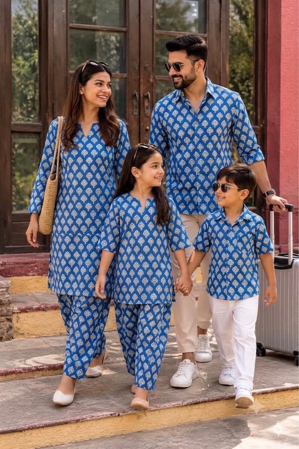 Matching Family Vacation Co-ord Sets in Handblock Natural Dyes Cotton|Sizes Available from Infant to 8XL | Handmade by HOUSE OF THE HANDBLOCK Jaipur