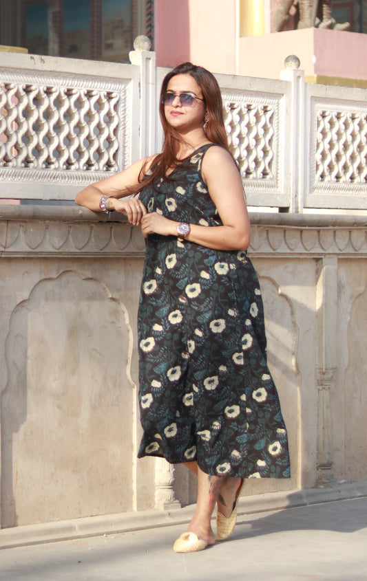 Handblock Printed A-Line Cotton Sleevless Dress for Women with Dual Side Pockets – Ethnic Wear