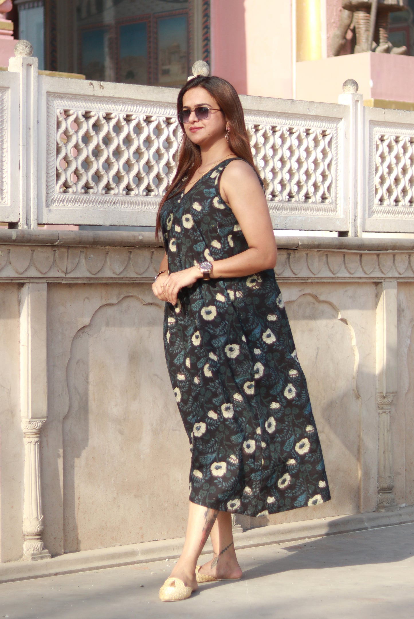 Handblock Printed A-Line Cotton Sleevless Dress for Women with Dual Side Pockets – Ethnic Wear